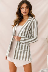 Grey and White Striped Blazer with Notched Lapel