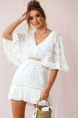 White V-Neck Mini Dress with Leaf Embroidery