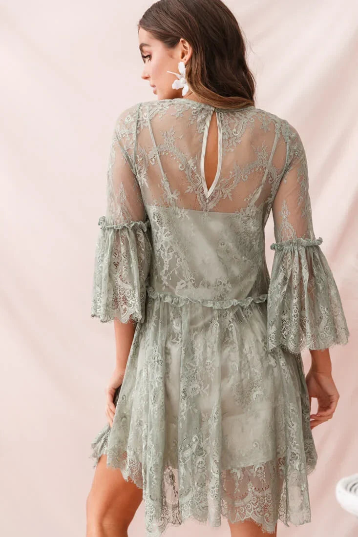 Sage Green Lace Mini Dress with Bell Sleeves and Scalloped Hem