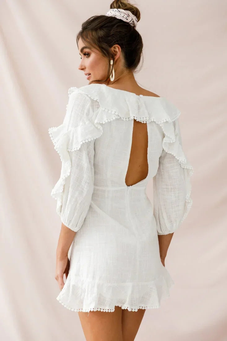 White Faux Wrap Mini Dress with Balloon Sleeves