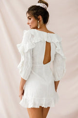 White Faux Wrap Mini Dress with Balloon Sleeves