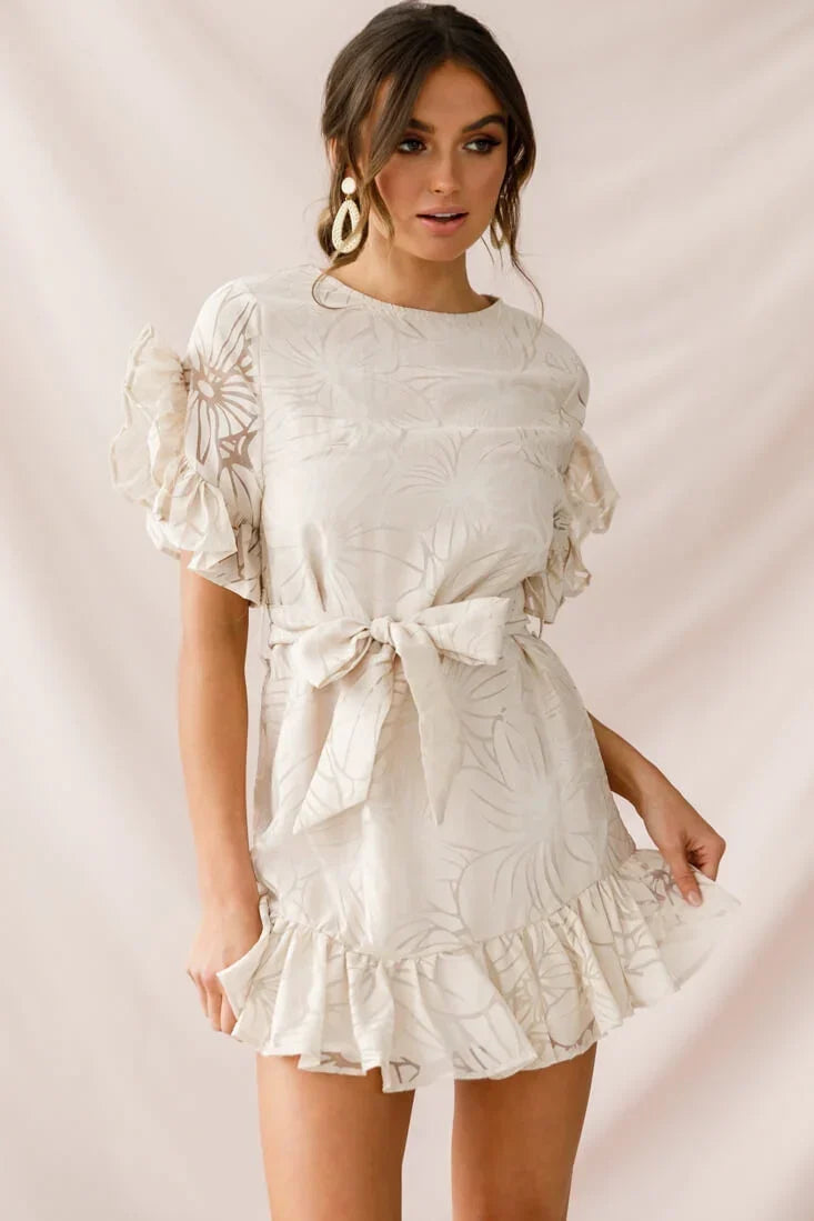 Beige Mini Dress with Ruffle Sleeves and Tie Waist