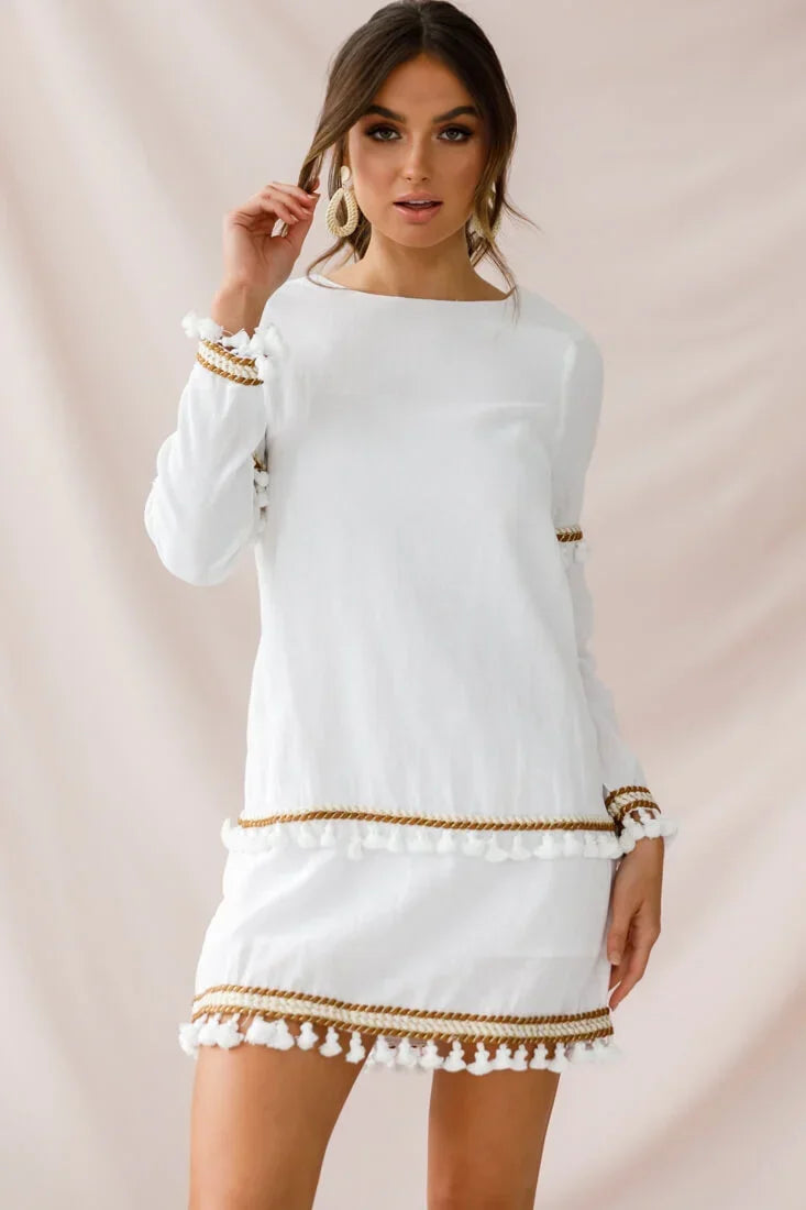 White Long Sleeve Mini Dress with Tassel Trim and Gold Braid Detail