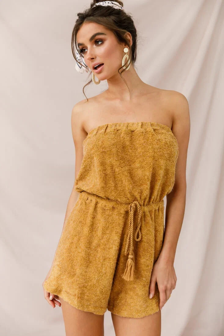 Mustard Yellow Strapless Terry Romper with Tassel Tie Waist