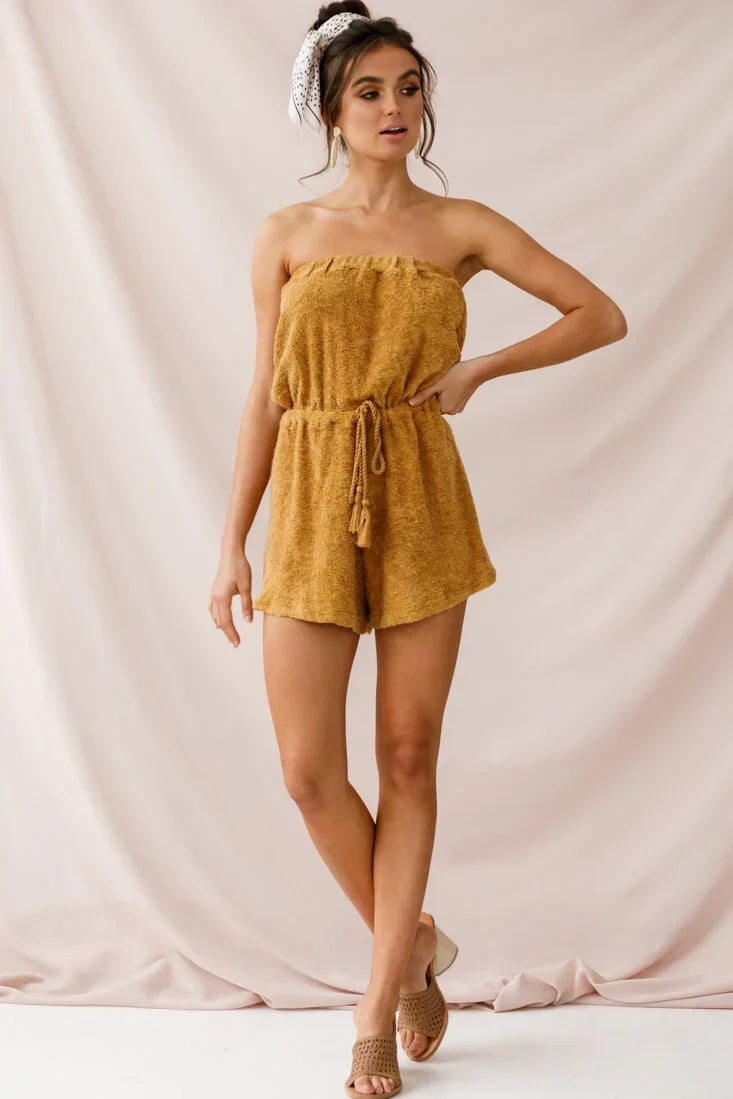 Mustard Yellow Strapless Terry Romper with Tassel Tie Waist