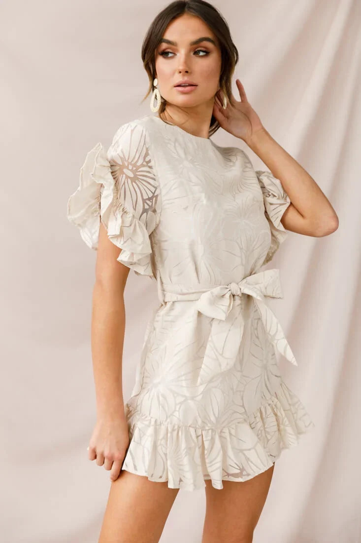 Beige Mini Dress with Ruffle Sleeves and Tie Waist