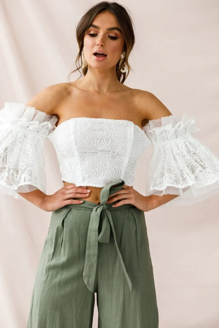 White Off-Shoulder Crop Top with Lace Bell Sleeves