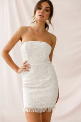 Beige Strapless Tweed Mini Dress with Fringe Hem
