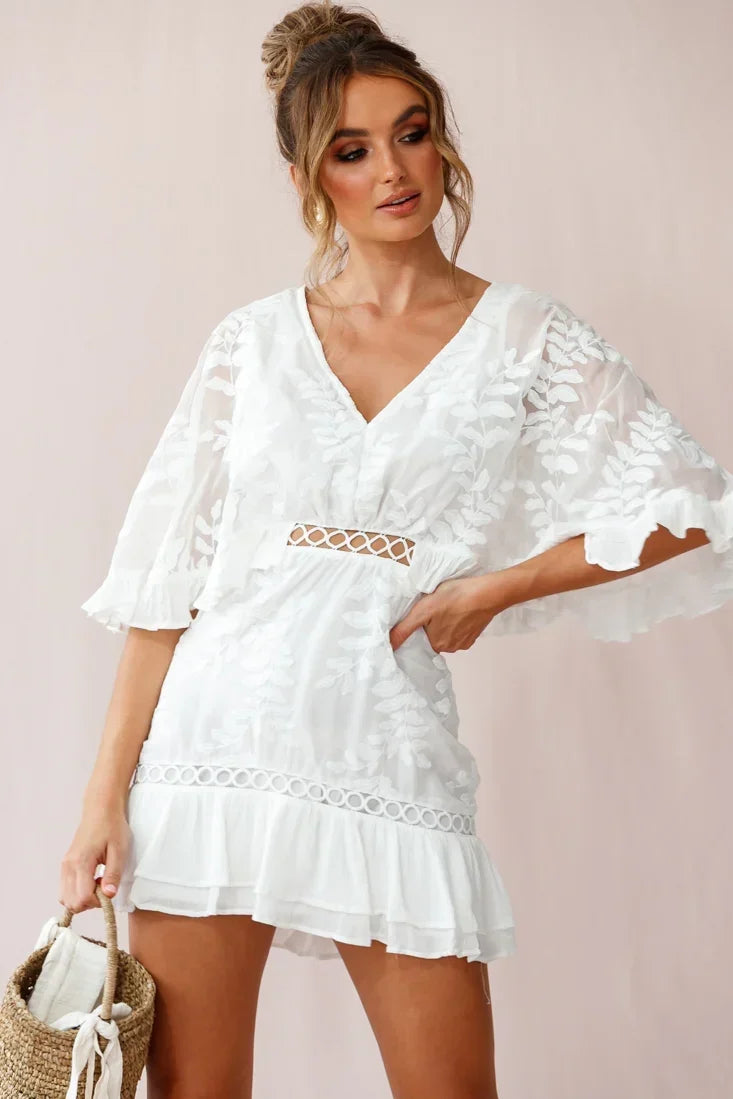 White V-Neck Mini Dress with Leaf Embroidery