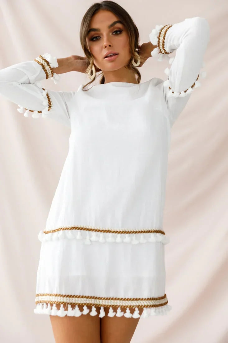 White Long Sleeve Mini Dress with Tassel Trim and Gold Braid Detail