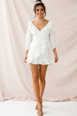 White Faux Wrap Mini Dress with Balloon Sleeves