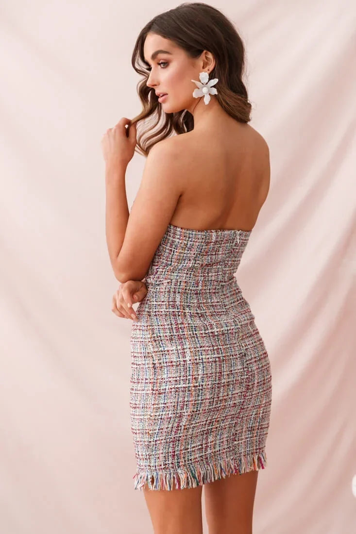 Multicolor Strapless Tweed Mini Dress with Fringe Hem