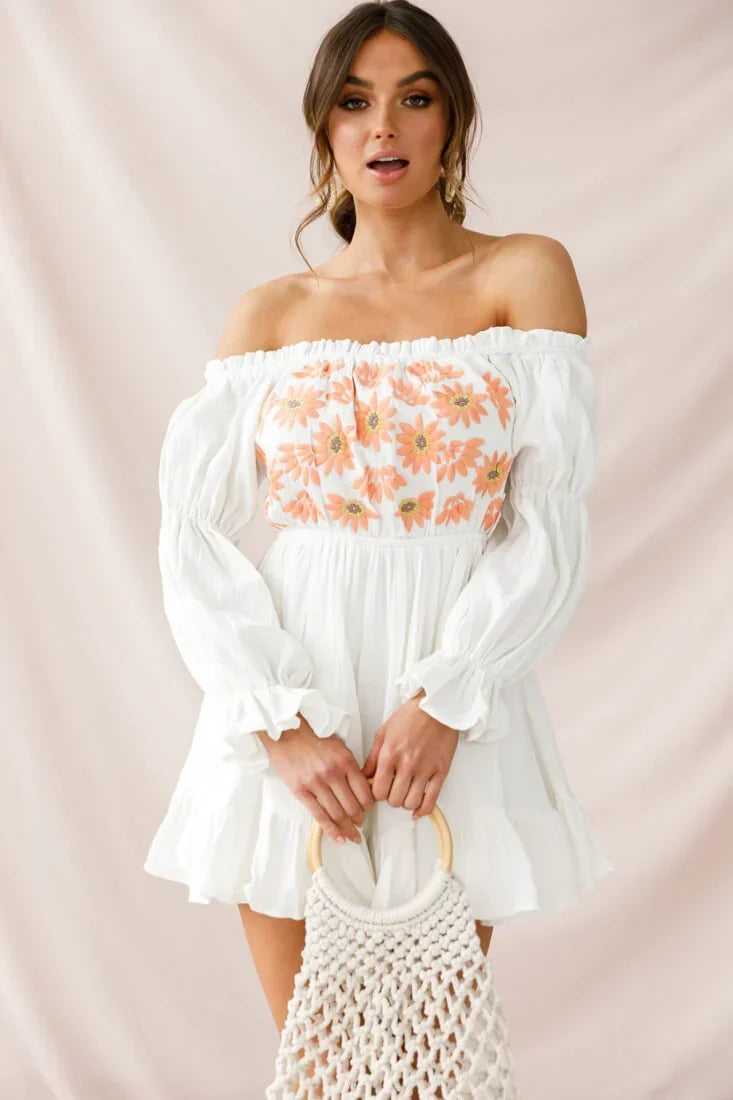 White Off-Shoulder Mini Dress with Daisy Embroidery and Puff Sleeves