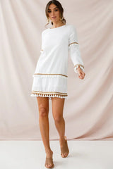 White Long Sleeve Mini Dress with Tassel Trim and Gold Braid Detail