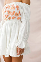 White Off-Shoulder Mini Dress with Daisy Embroidery and Puff Sleeves