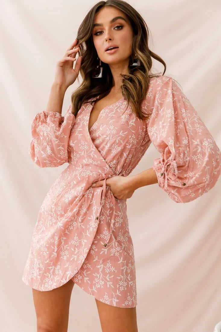 Pink Floral Mini Wrap Dress with Balloon Sleeves and Tie Cuffs