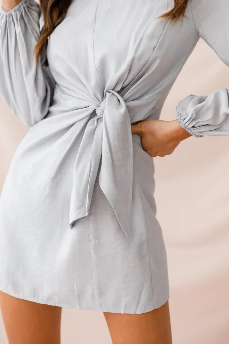Grey Long Sleeve Mini Dress with Front Tie and Balloon Sleeves