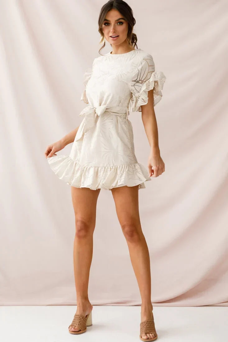 Beige Mini Dress with Ruffle Sleeves and Tie Waist