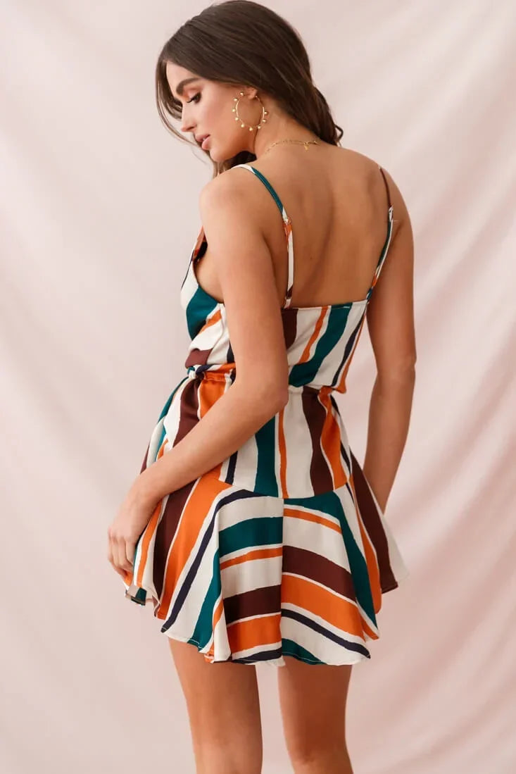 Multicolor Striped Mini Dress with Cowl Neck and Drawstring Waist