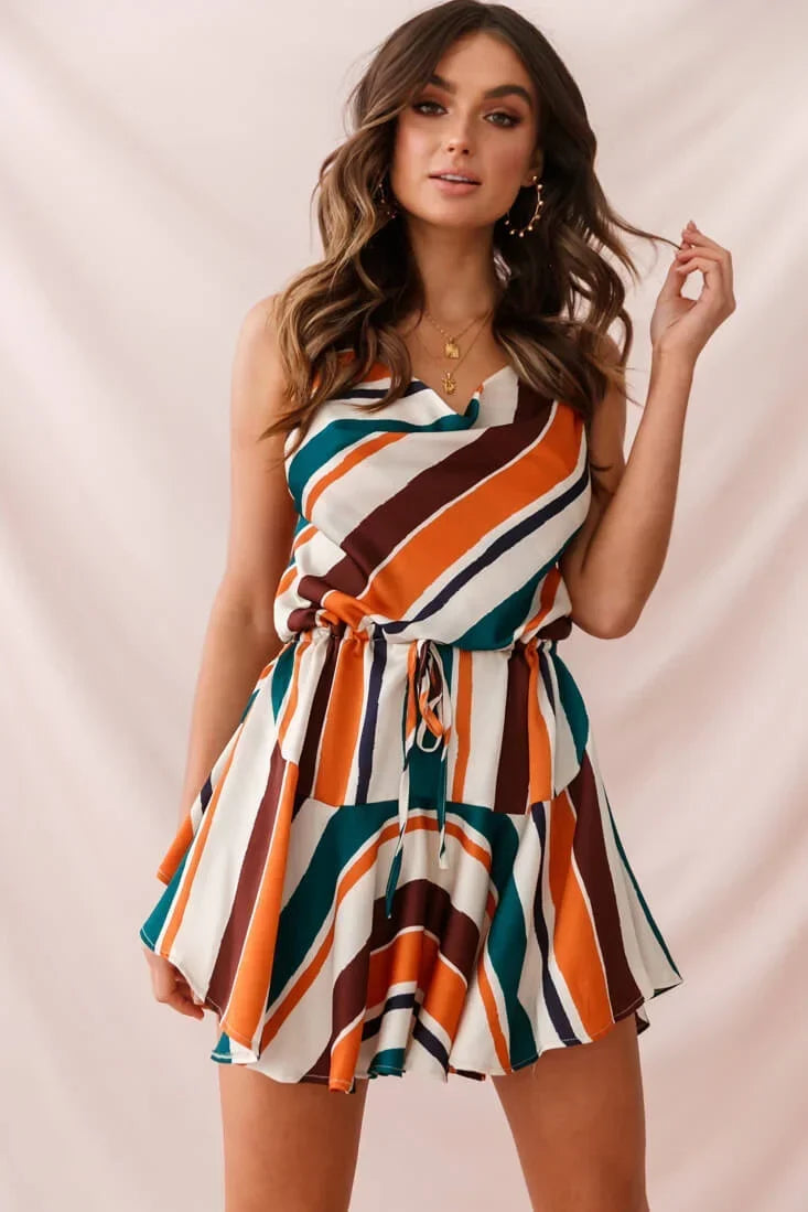 Multicolor Striped Mini Dress with Cowl Neck and Drawstring Waist