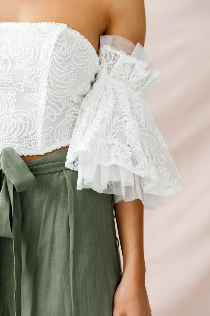 White Off-Shoulder Crop Top with Lace Bell Sleeves