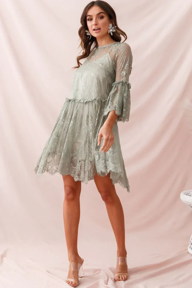 Sage Green Lace Mini Dress with Bell Sleeves and Scalloped Hem