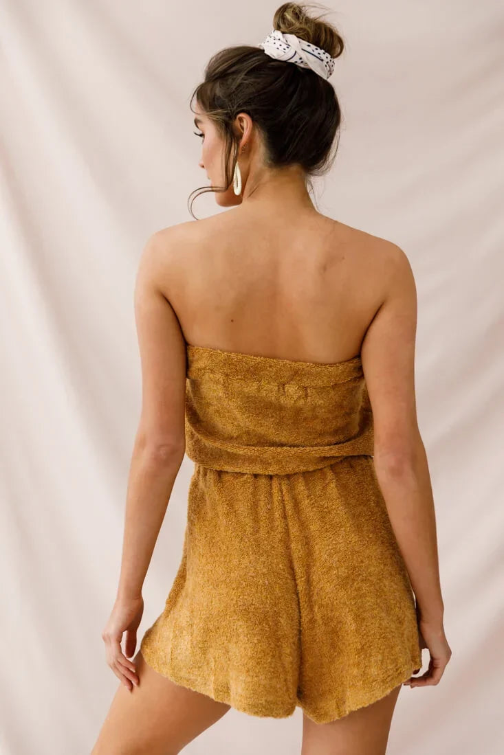 Mustard Yellow Strapless Terry Romper with Tassel Tie Waist