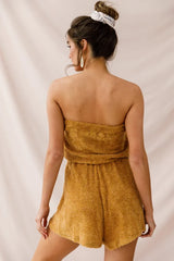 Mustard Yellow Strapless Terry Romper with Tassel Tie Waist