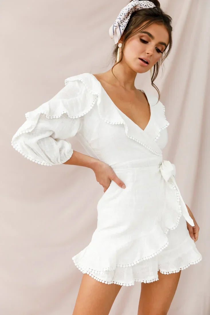 White Faux Wrap Mini Dress with Balloon Sleeves
