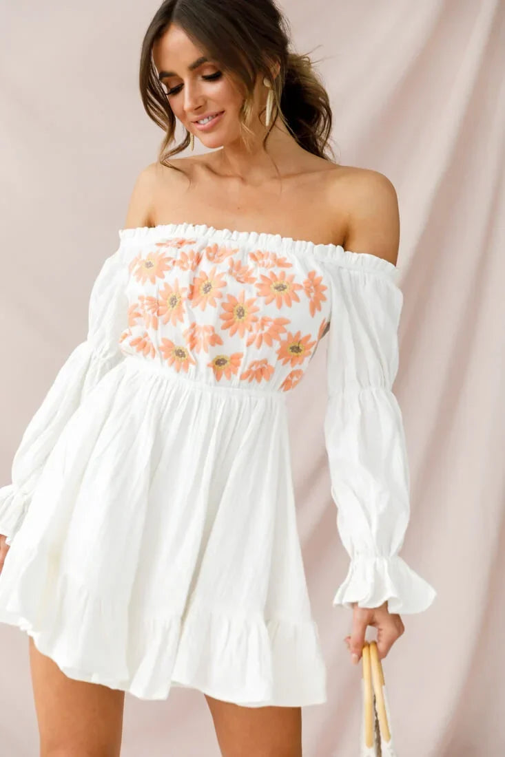 White Off-Shoulder Mini Dress with Daisy Embroidery and Puff Sleeves