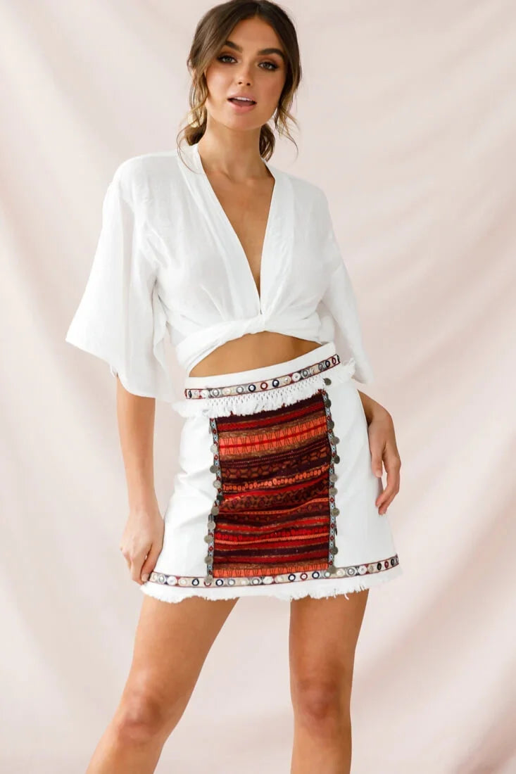 White Mini Skirt with Embroidered Tribal Panel and Fringe Trim