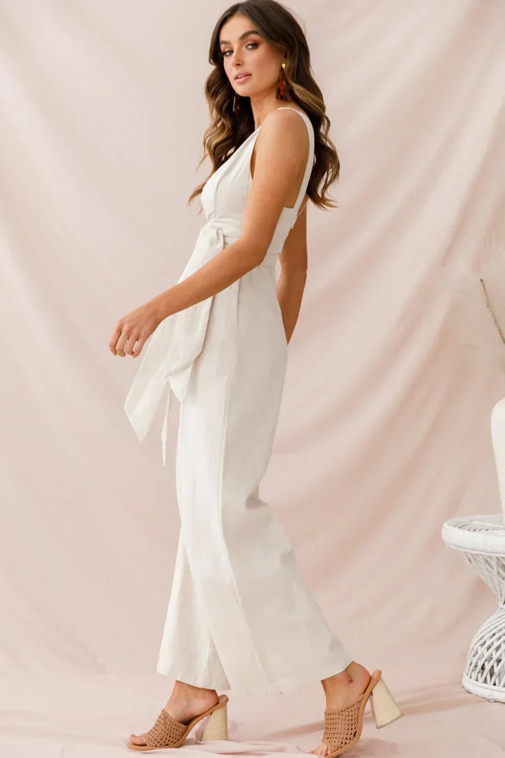 Beige Jumpsuit with Plunging V-Neck, Wide Legs and Tie Waist