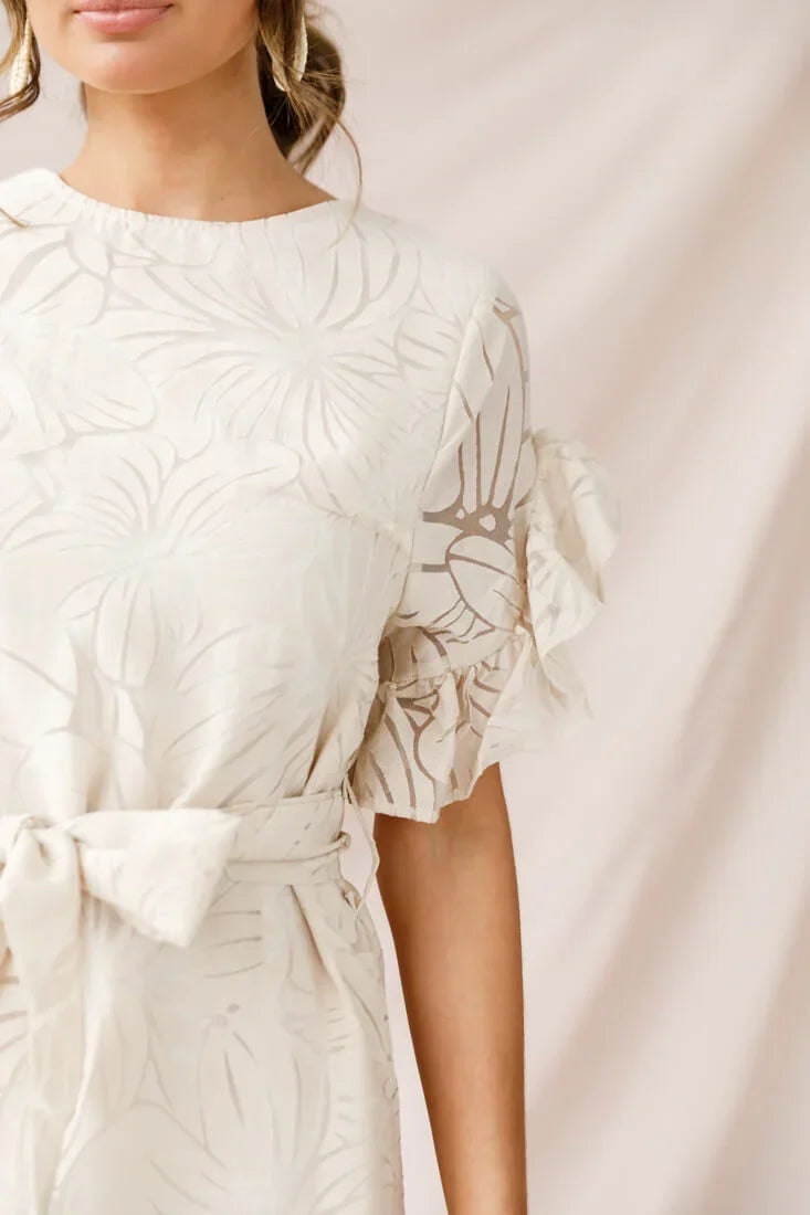 Beige Mini Dress with Ruffle Sleeves and Tie Waist