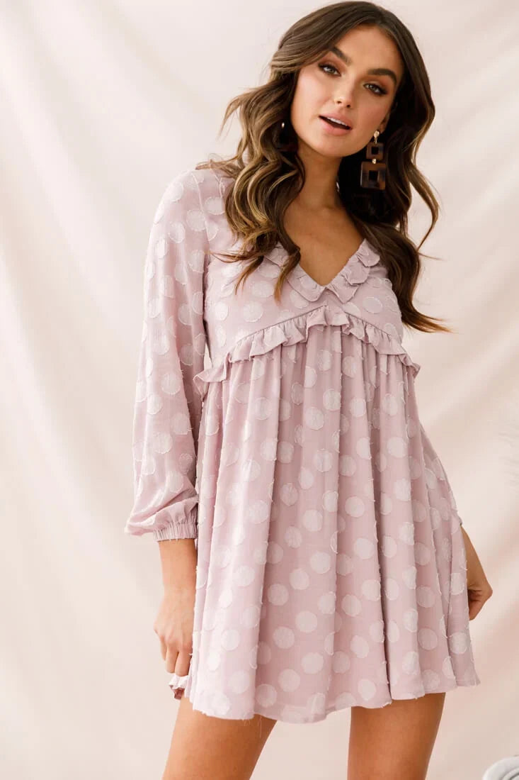 Mauve Polka Dot Babydoll Mini Dress with V-Neck and Ruffle Trim