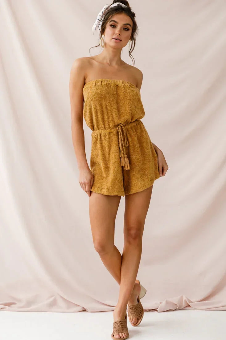 Mustard Yellow Strapless Terry Romper with Tassel Tie Waist