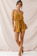 Mustard Yellow Strapless Terry Romper with Tassel Tie Waist