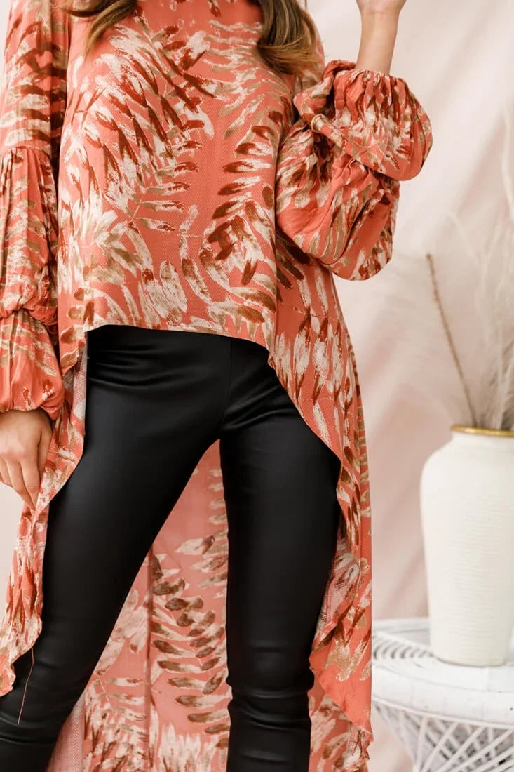 Rose Printed Top with High-Low Hem and Balloon Sleeves